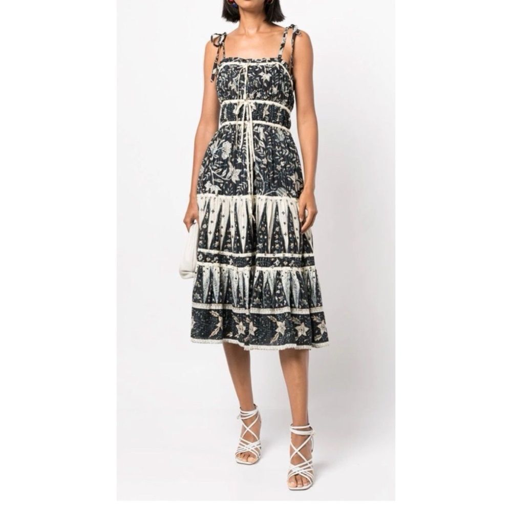 Christian Lacroix Navy and Ivory Printed Tiered Midi Dress Size M ~ Pristine - Picture 1 of 11